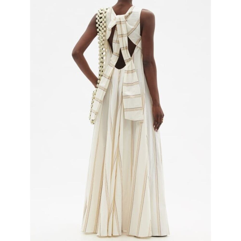 SSONE Puglia Tie-back Striped Cotton-Linen Maxi Dress Ivory Color Size 10 USA